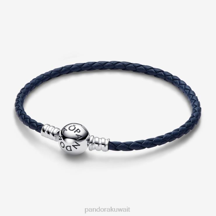لحظات سوار جلدي مضفر بمشبك دائري Pandora الفضة الاسترليني / الأزرق N6N0X363 مُكَمِّلات