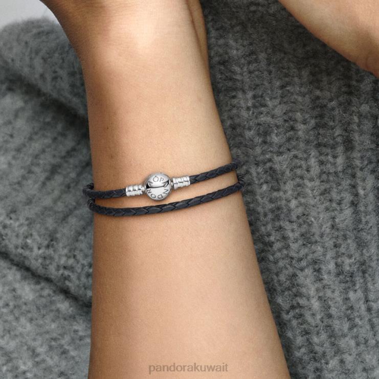 لحظات سوار جلدي مزدوج Pandora الفضة الاسترليني / الأسود N6N0X367 مُكَمِّلات