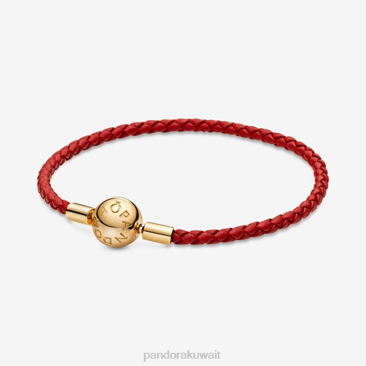 لحظات سوار من الجلد المنسوج Pandora مطلي بالذهب/الأحمر N6N0X371 مُكَمِّلات