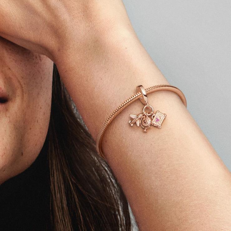 سحر متدلي ثلاثي للطائرة والعالم والحقيبة Pandora ارتفع الذهب مطلي N6N0X58 مُكَمِّلات